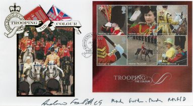 Captain Andrew Fox-Pitt signed FDC. Trooping The Colour. Double postmarked 7th June 05 Buckingham