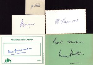 Cricket signature collection of 5 irregular cut signatures from legends Harold Larwood, Len