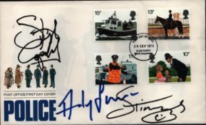 The Police, English rock band. A Police FDC, signed by the three band members: Sting (lead vocals,