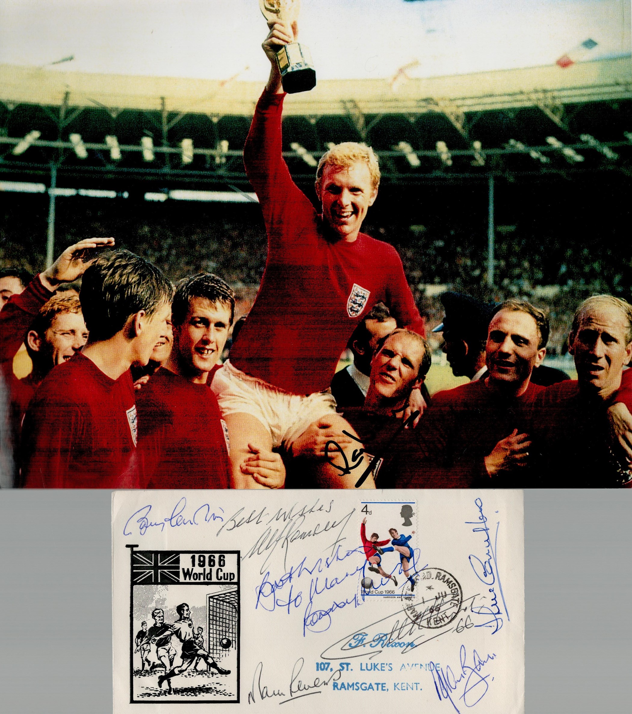 Multi signed Bobby Moore Alf Ramsey, Alan Ball, Geoff Hurst, Martin Peters FDC photo 10x8 Inch