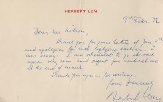 Herbert Lom signed ALS dated 9th Feb 72. Was a Czech-British actor with a career spanning over 60