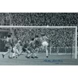 Football Autographed TERRY CONROY 12 x 8 Photo : B/W, depicting Stoke City's TERRY CONROY scoring