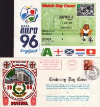 Two unsigned football FDCs, UFEA Euro 1996 Match Day Cover date stamped 15th June 1996 and Arsenal