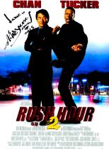 Jackie Chan signed Rush Hour 2 movie poster photo. Approx size 14x12inch. Slight crease to one