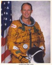 Jack Lousma signed 10x8inch colour spacesuit NASA photo. Dedicated. Good Condition. All autographs