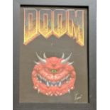 John Romero signed Doom illustrated piece. Framed to approx. size 18x14inch. Good Condition. All