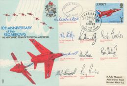 Red Arrows full team signed 1975, 10th ann scarce flown RAF WW2 Air Display cover. Good Condition.