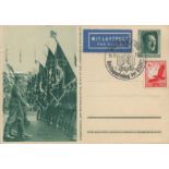 Special Nuremburg Swastika 13 9 37 Postmark Postcard of Marching entrance with Standard. A limited