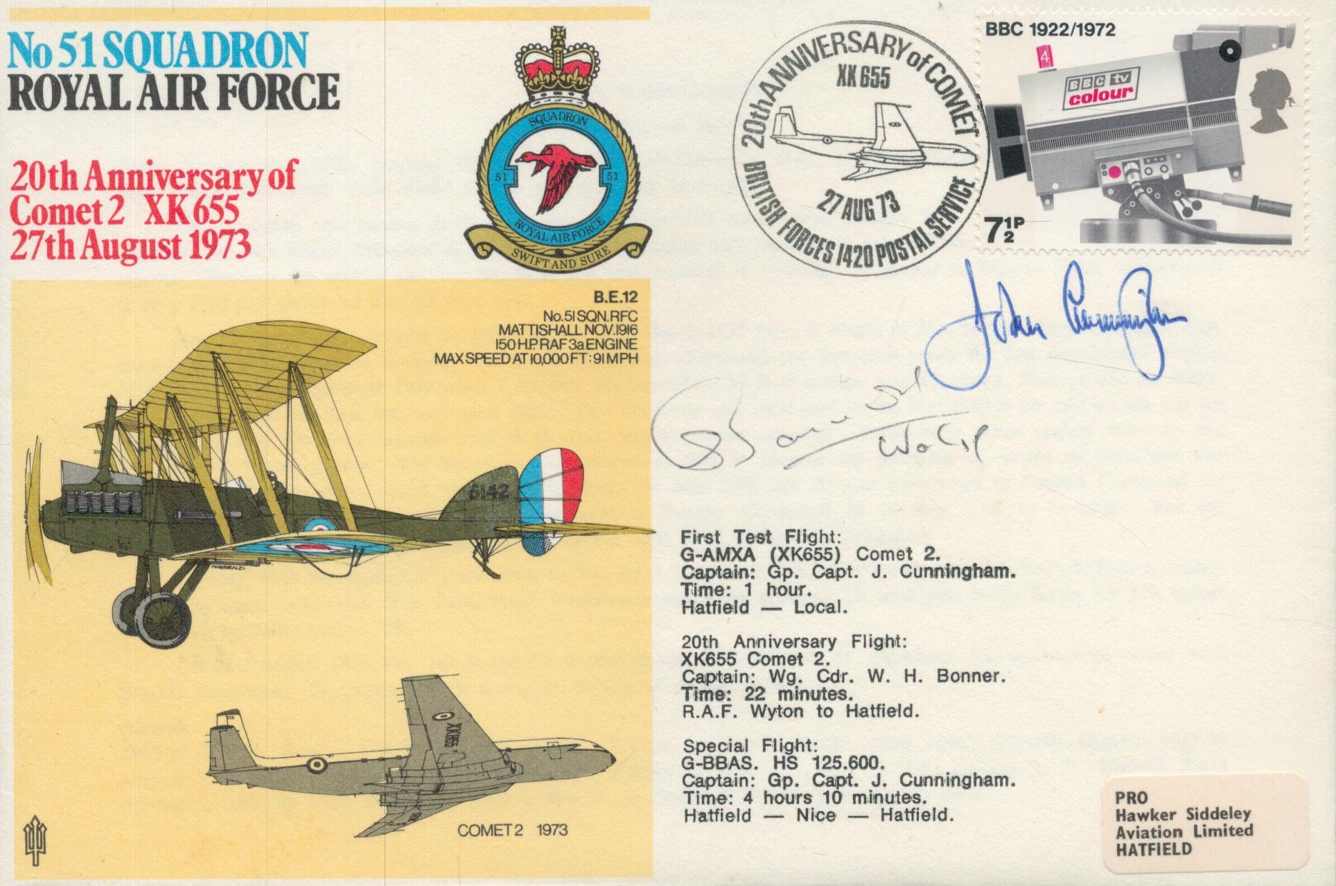 Top Nightfighter John Cunningham DSO DFC WW2 RAF Battle of Britain fighter ace signed 1973, 51 sqn