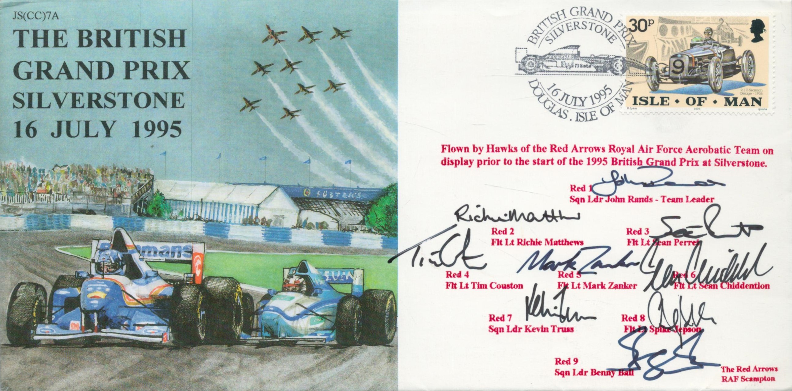 Red Arrows full team signed 1995 British Grand Prix scarce flown RAF WW2 Air Display cover. Good