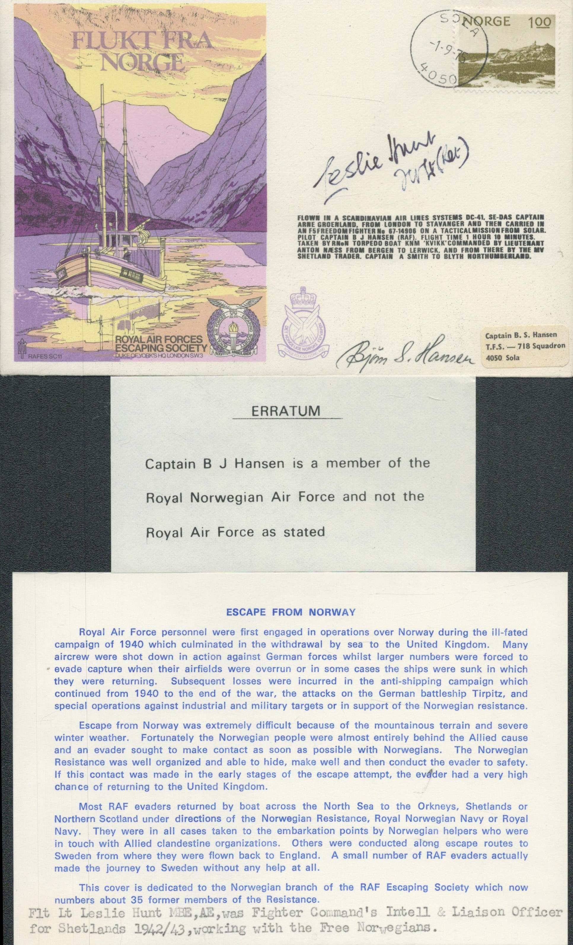 Leslie Hunt & Capt B S Hansen Signed & Flown Cover Escape from Norway 1st Aug 1975 (RAFES SC11)