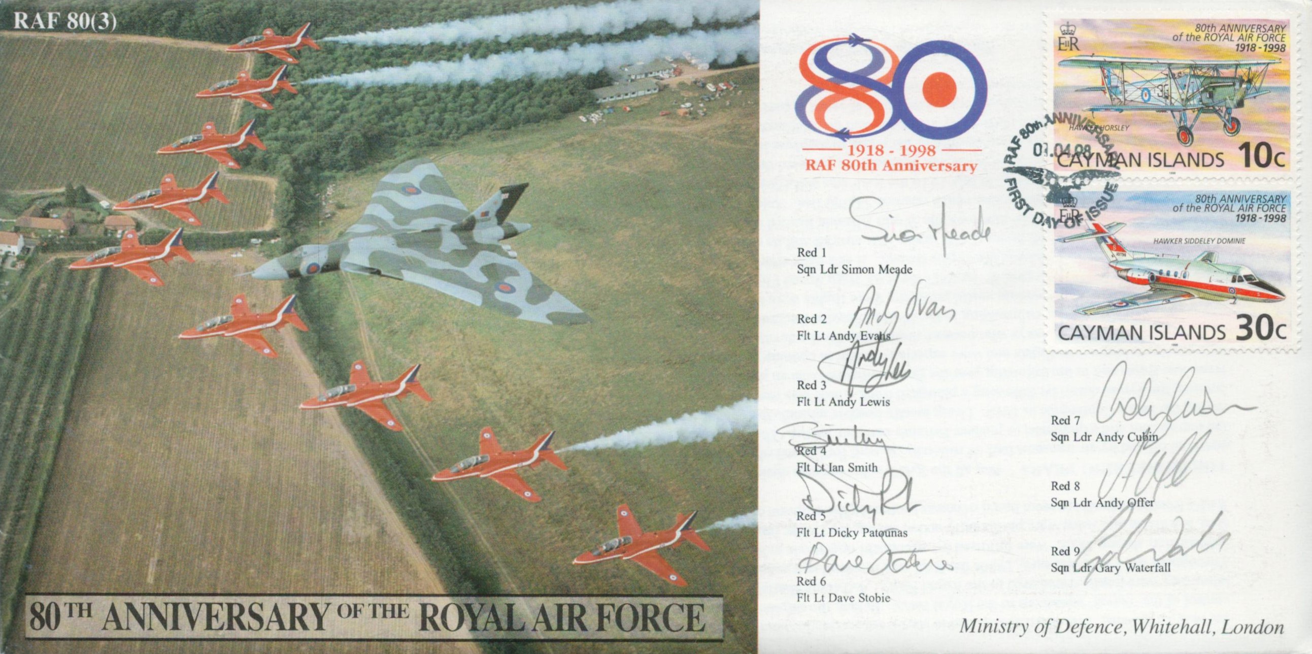 Rare 1998 Red Arrows full team signed 80th ann RAF scarce flown RAF WW2 Air Display cover. Good