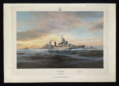 HMS Belfast by Robert Taylor Colour Print signed by the Artist plus Admiral Sir Frederick Parham,