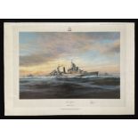 HMS Belfast by Robert Taylor Colour Print signed by the Artist plus Admiral Sir Frederick Parham,