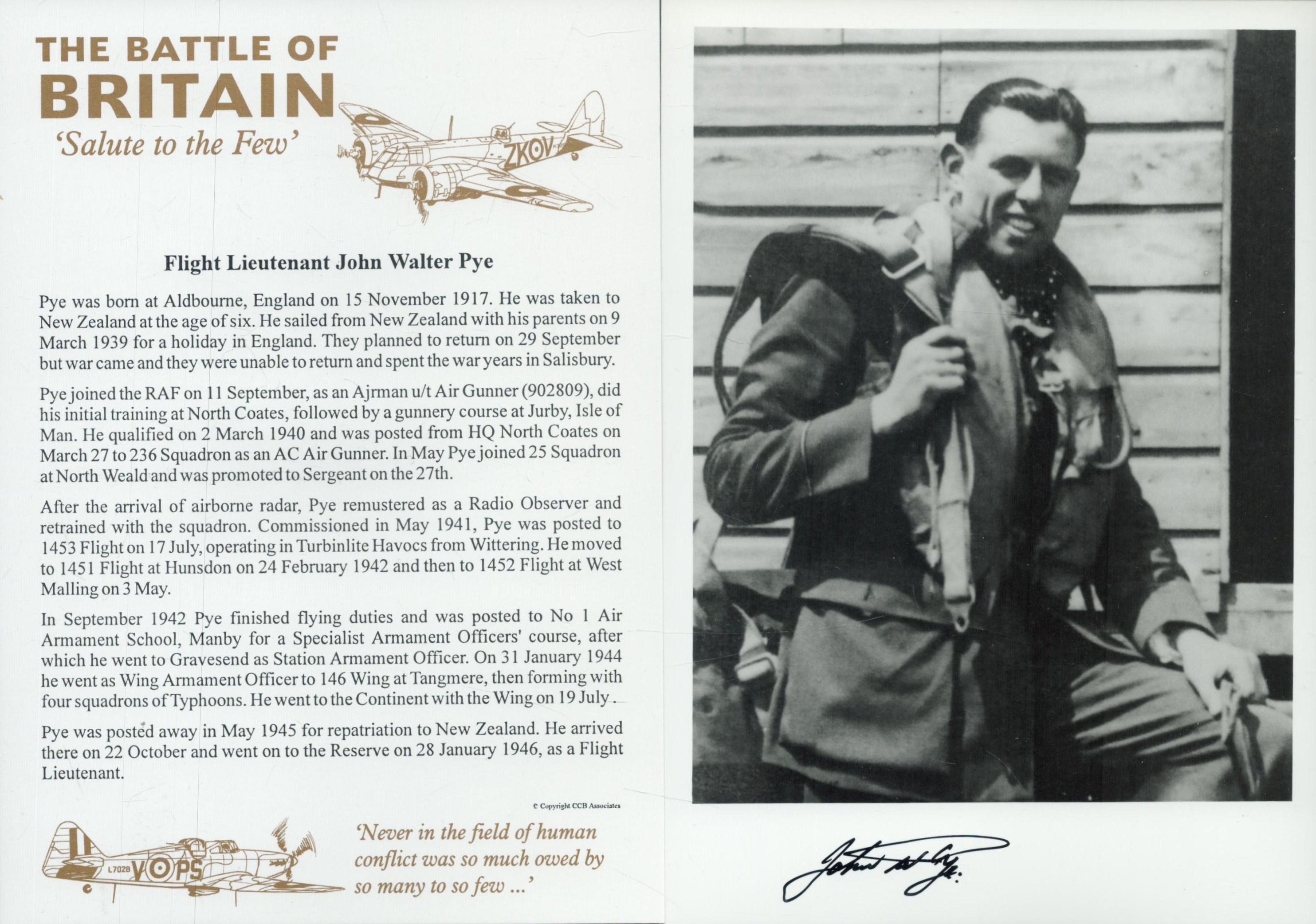 Flt Lt John Walter Pye WW2 RAF Battle of Britain fighter ace signed 7 x 5 inch b/w portrait photo