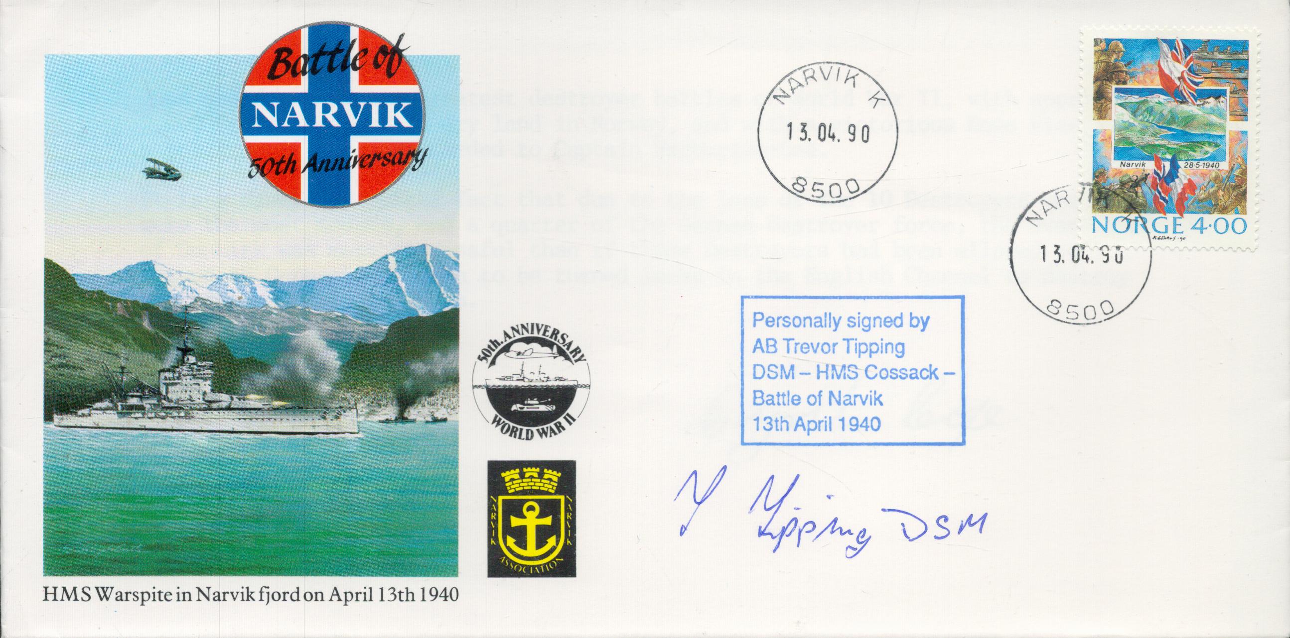 WWII AB Trevor Tipping DSM HMS Cossack Battle of Narvik 1940 veteran signed 50th Anniversary