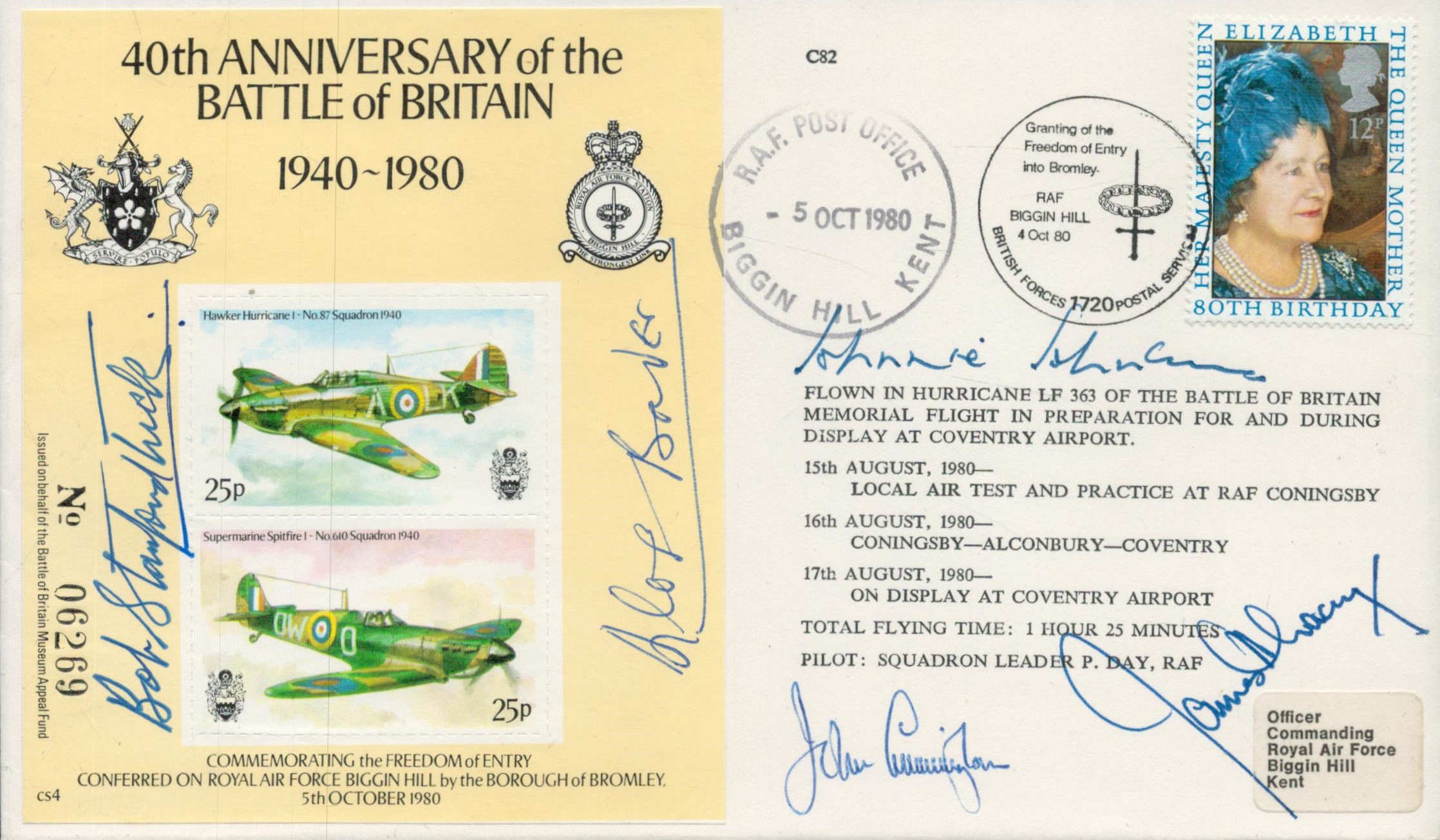 RAF Battle of Britain cover signed by 5 top WW2 fighter Aces Douglas Bader. Robert Stanford- Tuck,