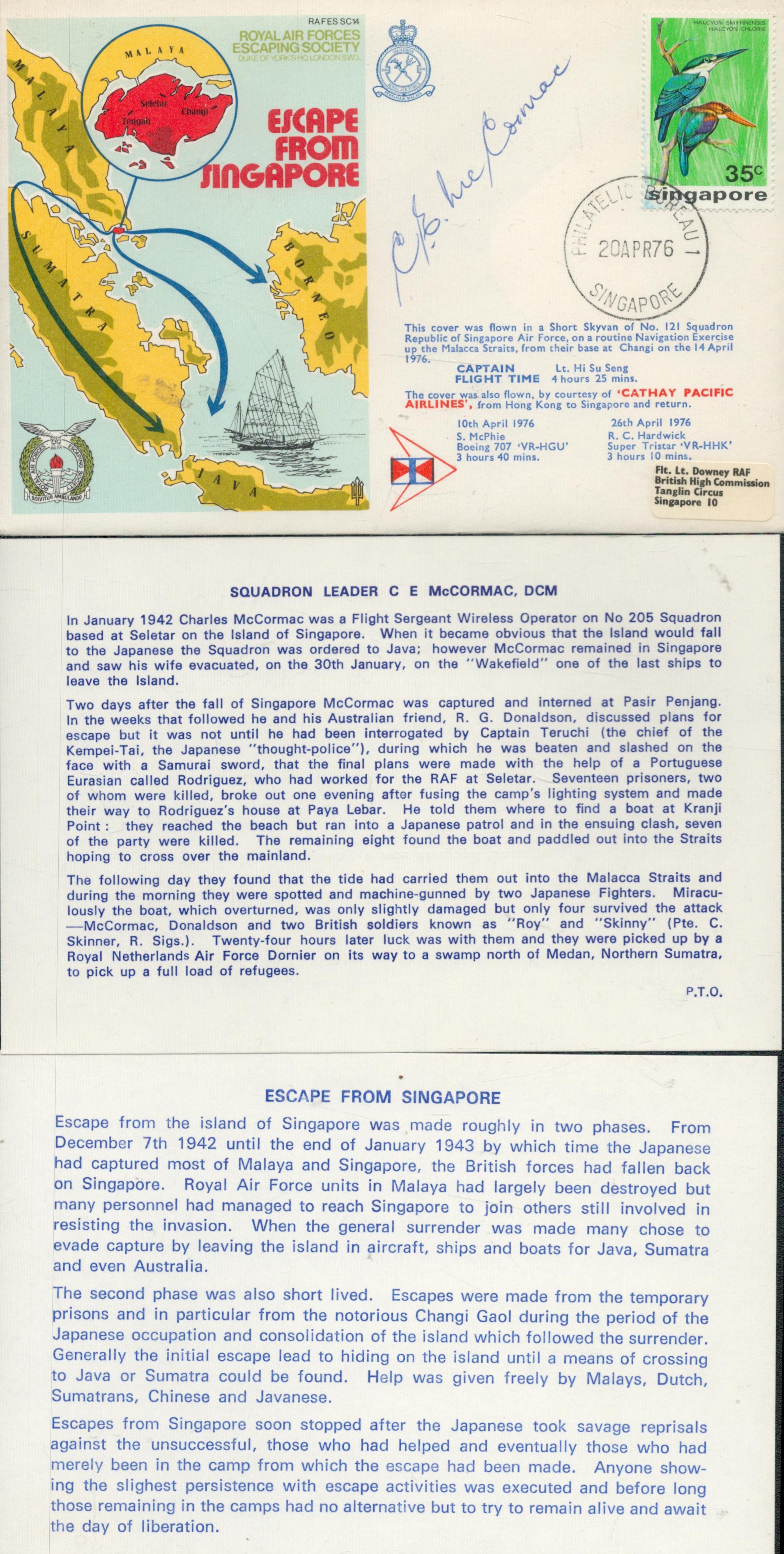 Squadron Leader Charles E McCormac Signed & Flown Cover Escape from Singapore 20th Apr 1976 (RAFES