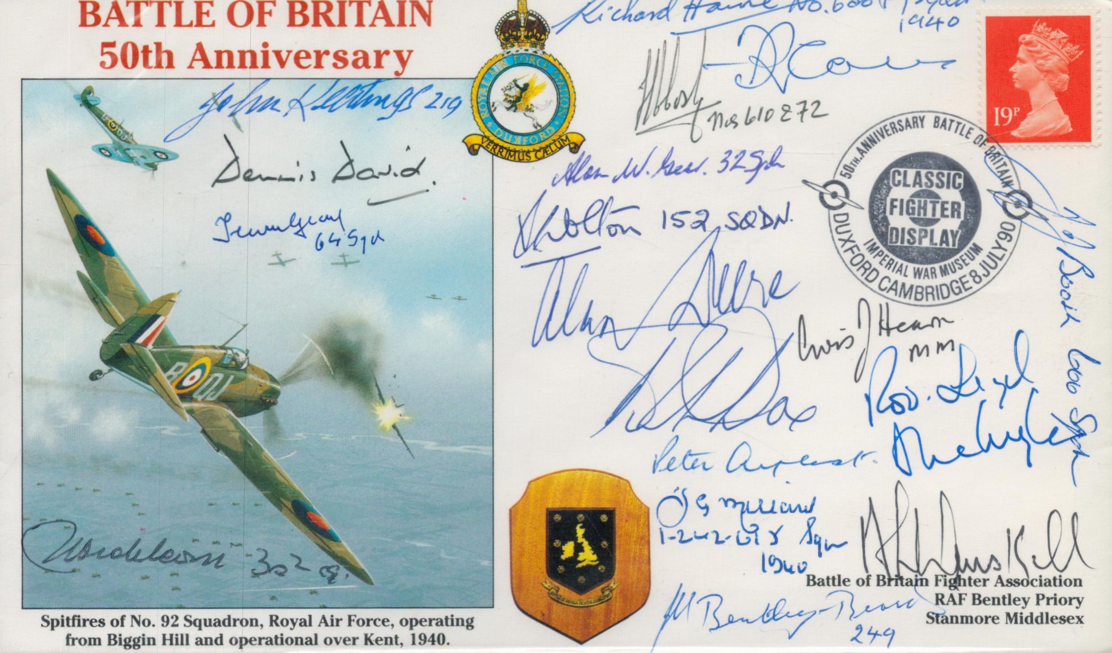 WW2 Eighteen Battle of Britain fighter pilots signed 1990. 50th ann BOB cover. Includes Alan