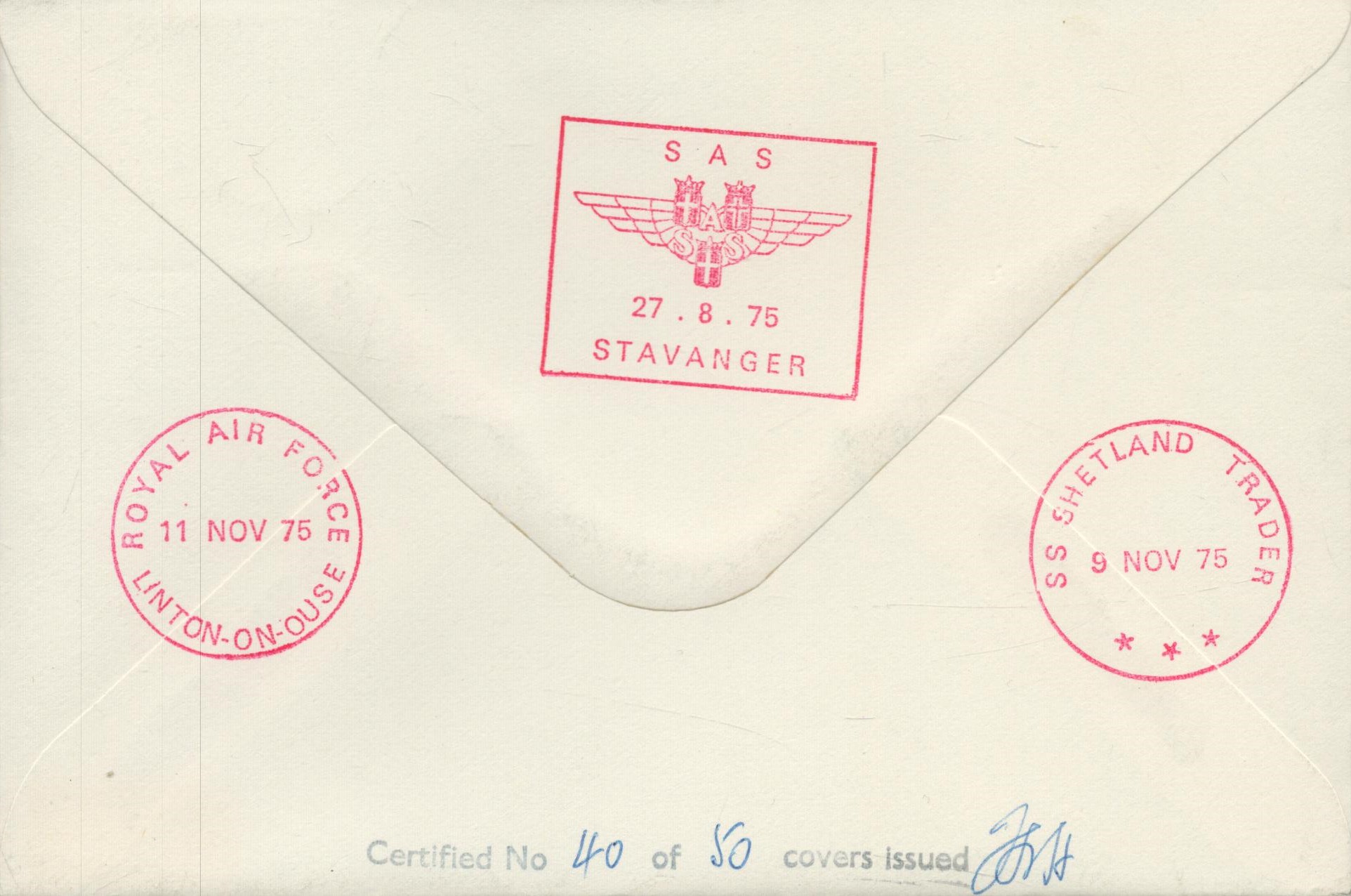 Leslie Hunt & Capt B S Hansen Signed & Flown Cover Escape from Norway 1st Aug 1975 (RAFES SC11) - Image 2 of 2