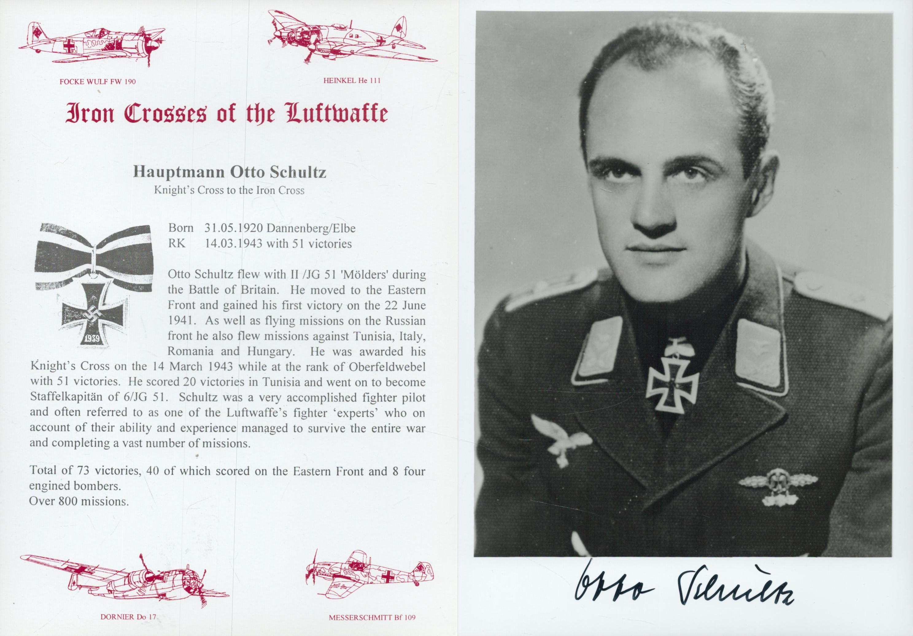 Luftwaffe Haupt Otto Schultz KC WW2 RAF Battle of Britain fighter ace signed 7 x 5 inch b/w portrait