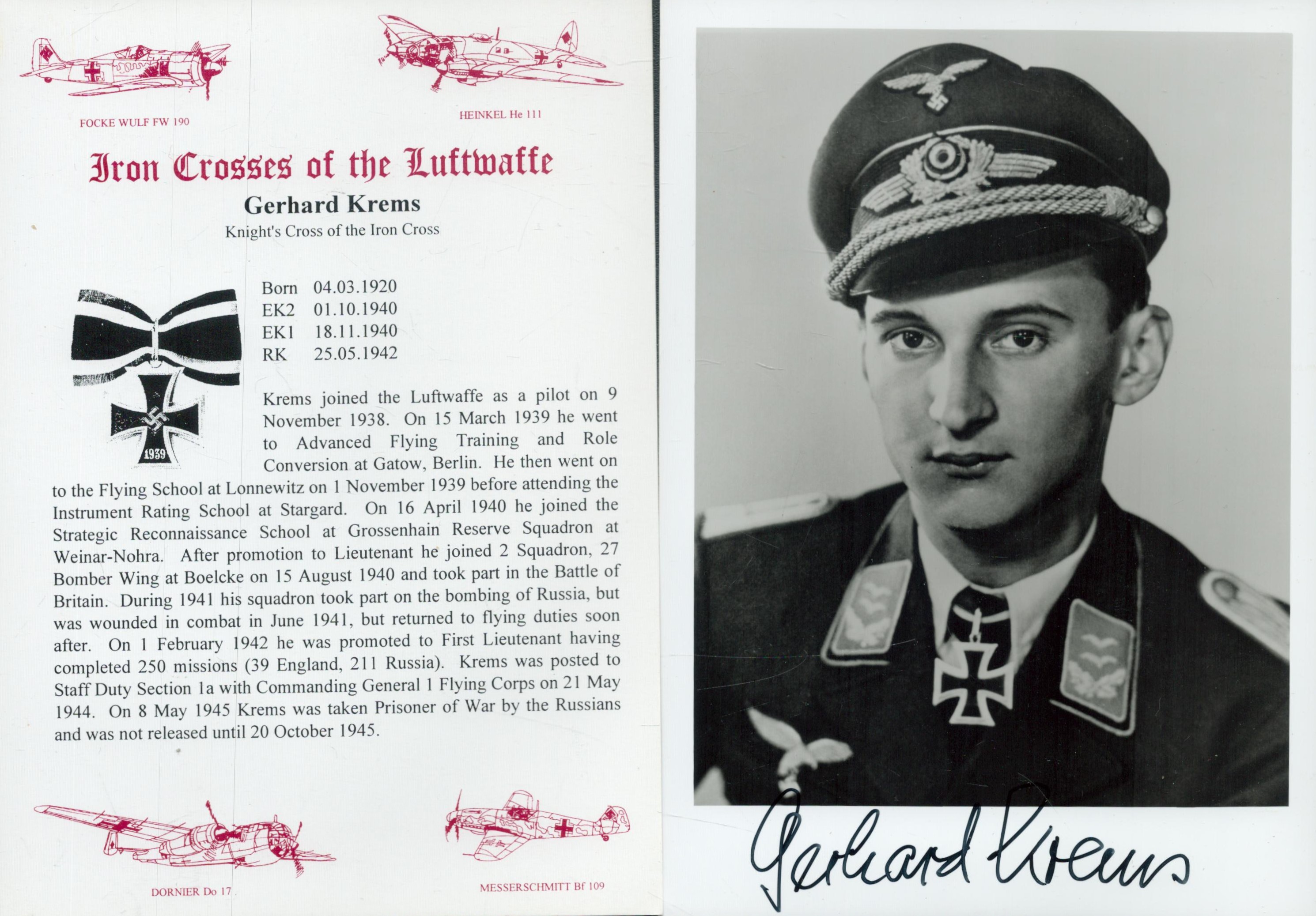 Luftwaffe Gerhard Krems KC WW2 RAF Battle of Britain fighter ace signed 7 x 5 inch b/w portrait