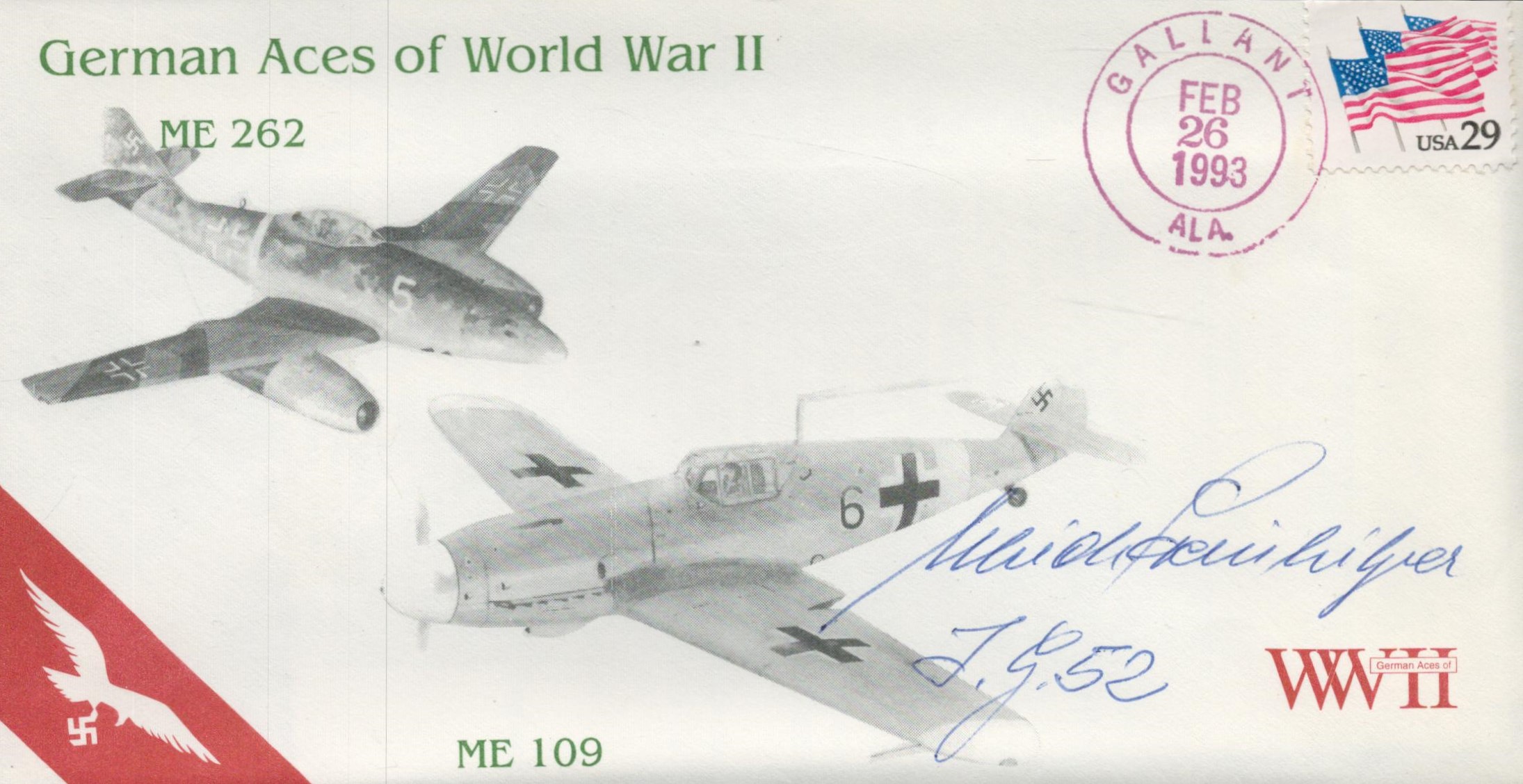 German Aces of World War 11 Signed Ulrich Steinhilper, Luftwaffe Me109 pilot 26 Feb 1993 Ala