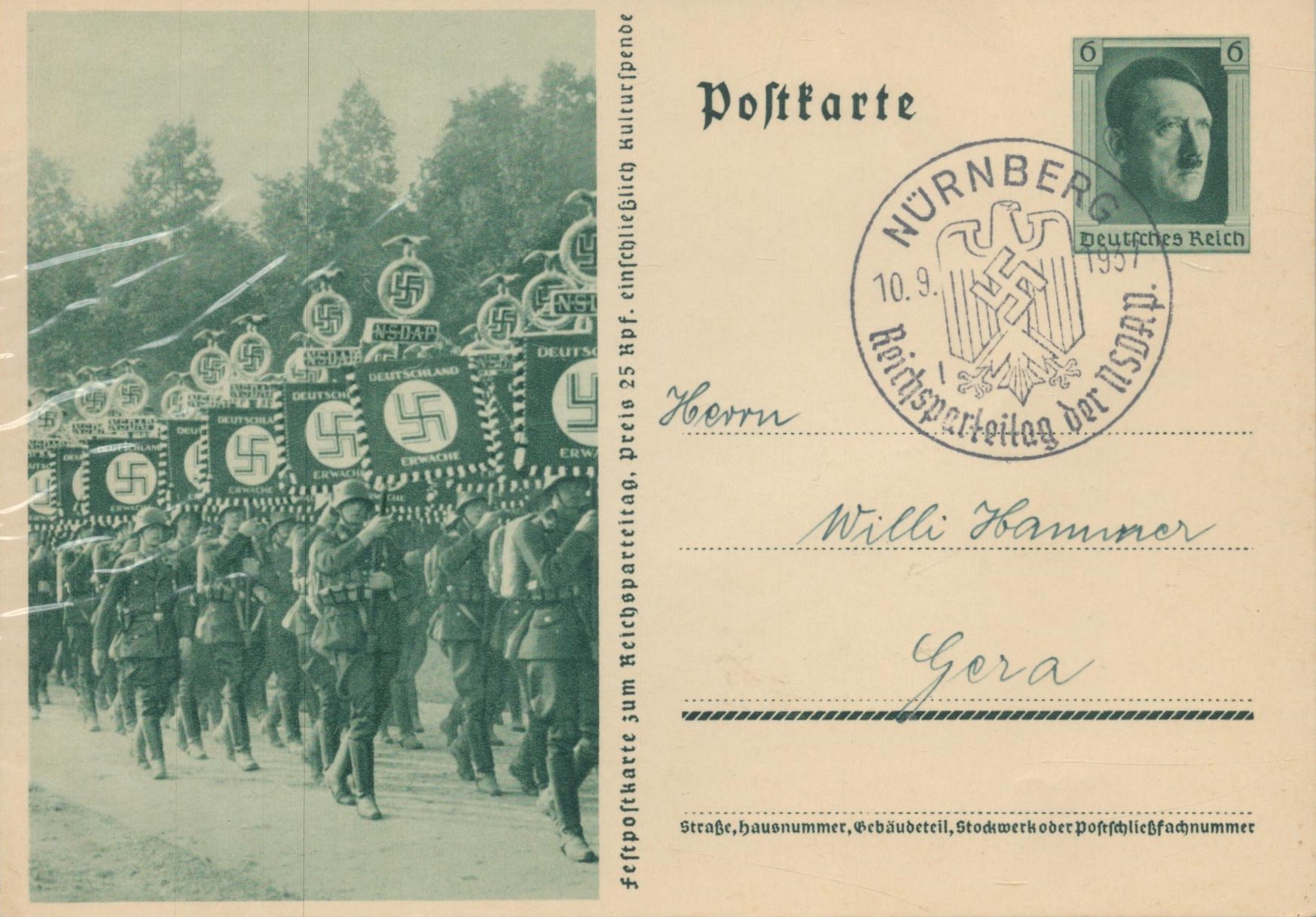 Special Nuremburg Swastika 10 9 37 Postmark Postcard of Marching with Standard. A limited Quantity