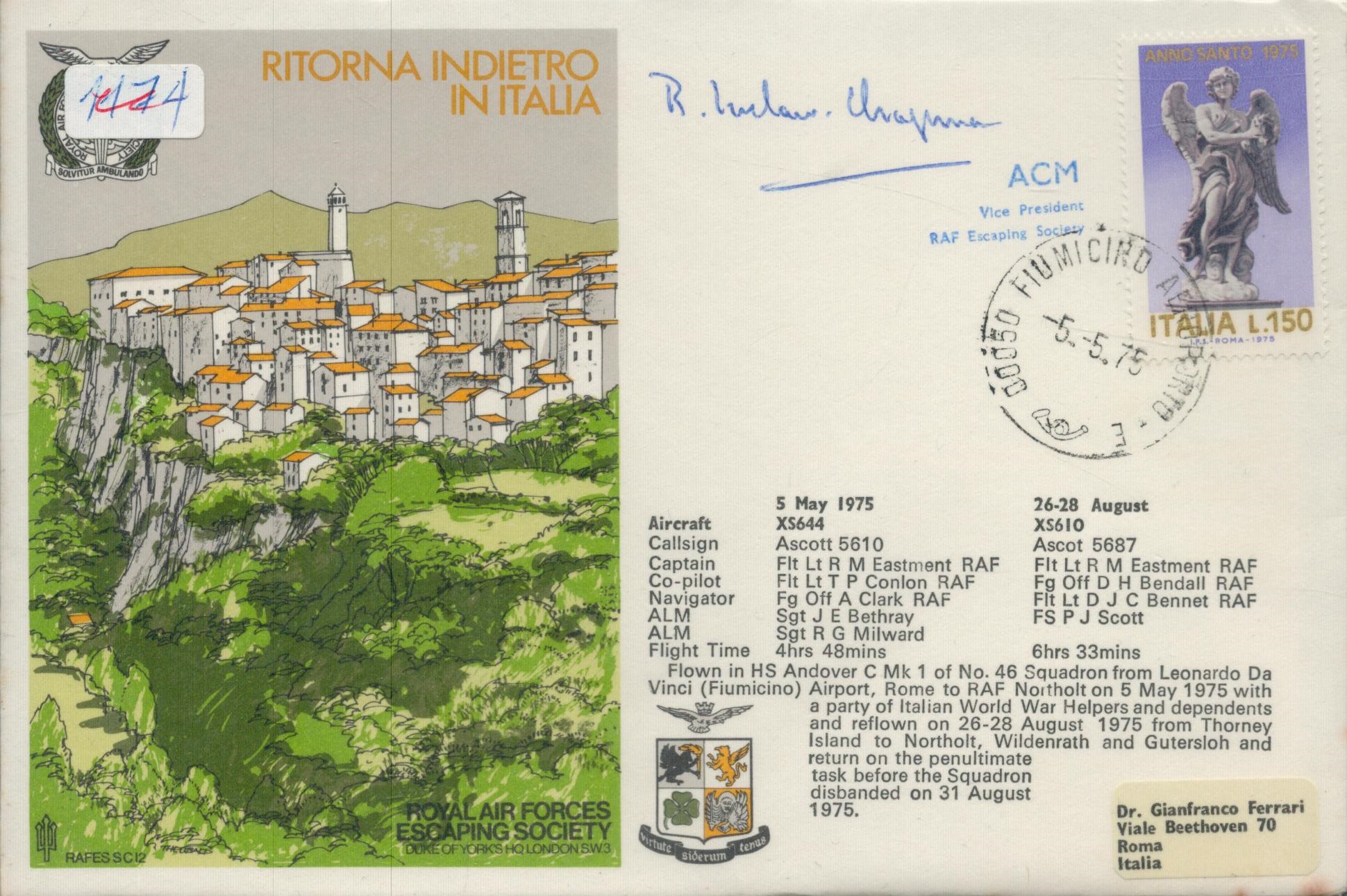 Bernard Ivelaw Chapman ACM signed Ritorna Indietro in Italia flown FDC PM 00050 Fiumicino