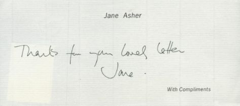 Jane Asher signed With Compliments slip 8.25x4 Inch. Is an English actress and author. She