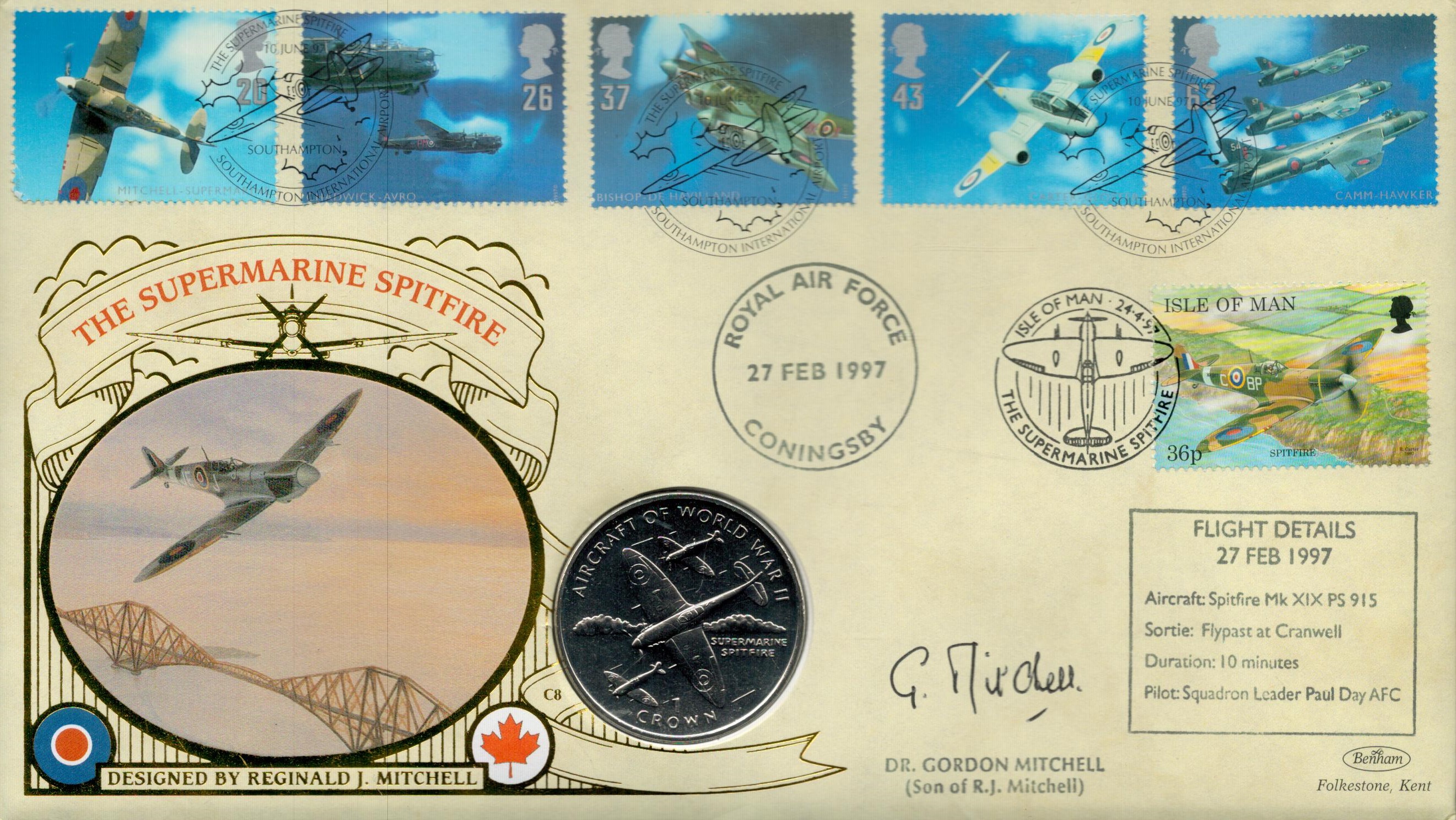 Dr. Gordon Mitchell (son of R.J Mitchell) signed The Supermarine Spitfire flown Benham Coin FDC