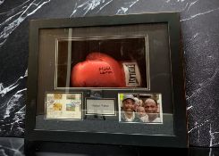 Michael Watson signed red everlast boxing glove and FDC in 24x20x5 inch mounted box display.