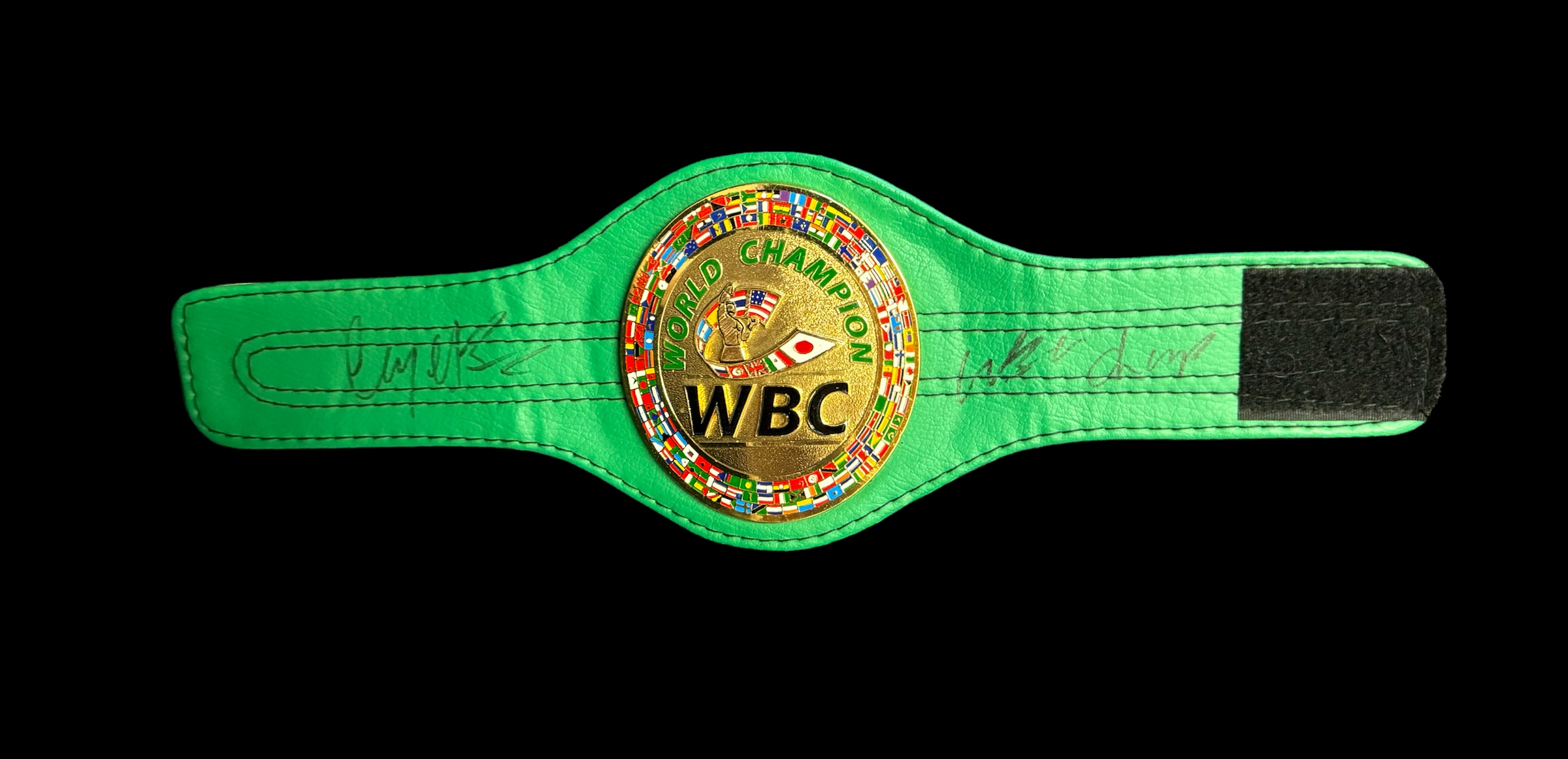 Gerry Cooney and Larry Holmes signed WBC mini replica belt.