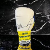 Josh Warrington signed white Leeds Warrior personalisesd boxing glove. Josh Warrington (born 14