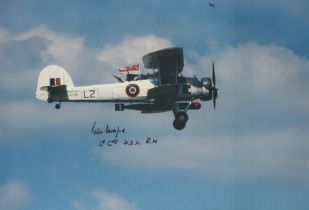 Military. Lt. Cdr. Peter Beresford DSC Signed 12 x 8 inch Colour Photo Showing Swordfish Flying.