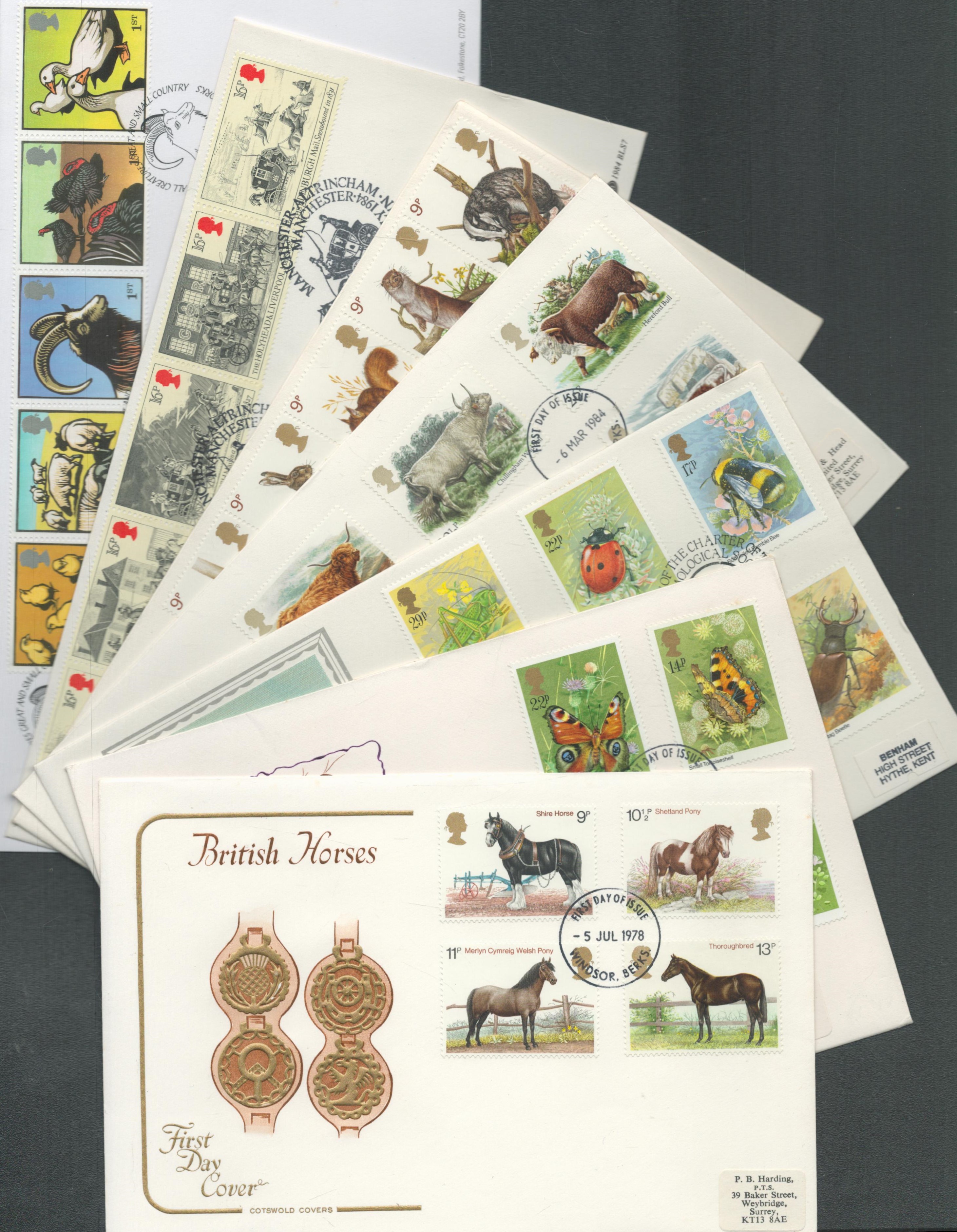 FDC 7 x Variety Collection Unsigned Horse and Carriage, Butterflies, Insects, British Castle,