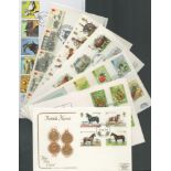 FDC 7 x Variety Collection Unsigned Horse and Carriage, Butterflies, Insects, British Castle,