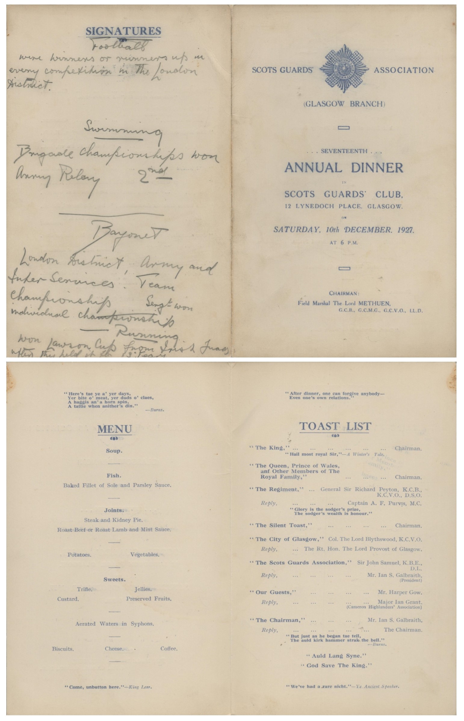 Army 1927 Scots Guards Glasgow 17th Annual Dinner Menu, 10th Dec 1927. Good condition. All