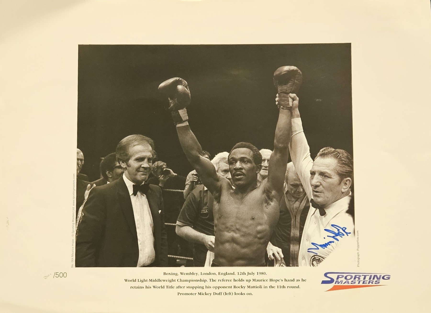 Maurice Hope signed Black and White Print. 'Boxing, Wembley, London, England 12 July 1980'. Who