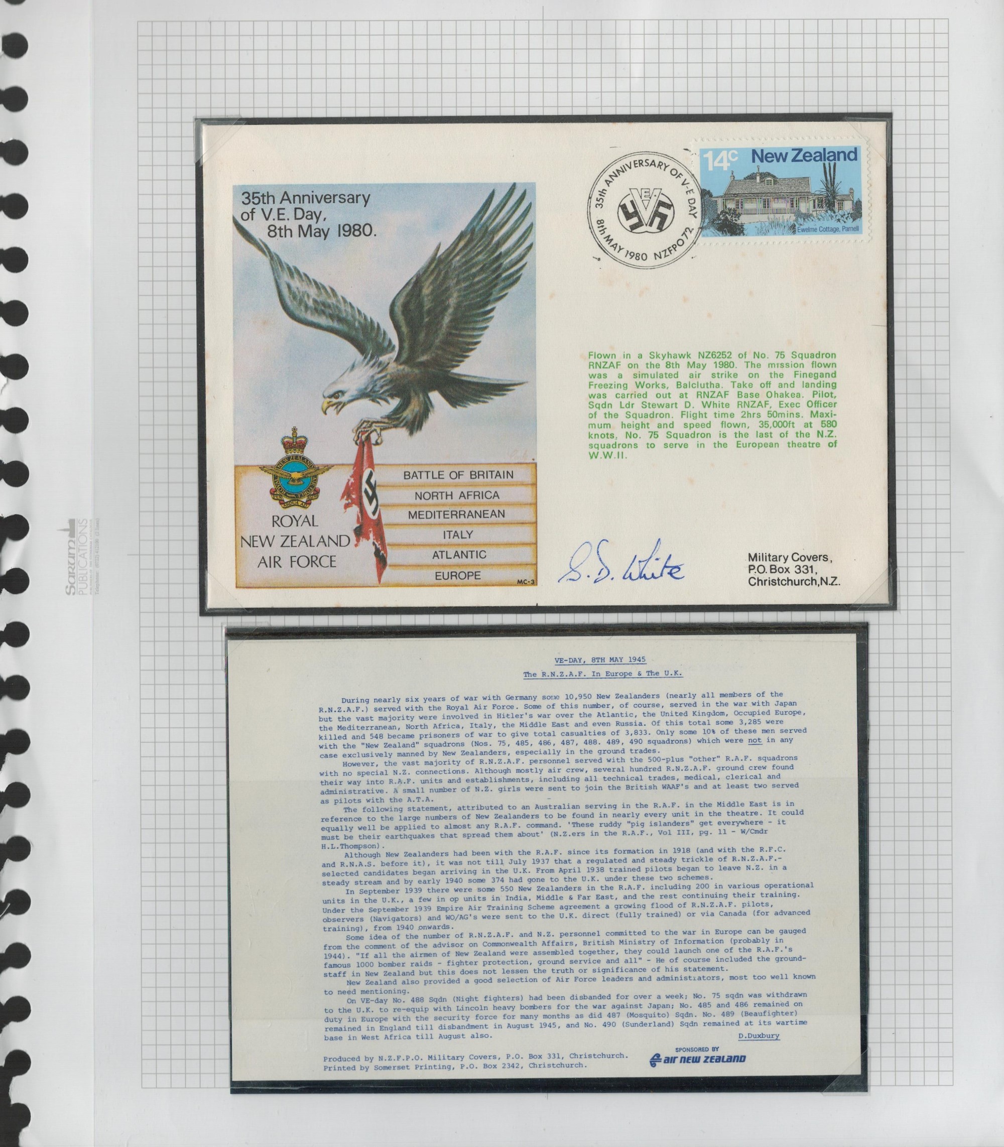 Sqn Ldr S White RNZAF signed 1980 New Zealand 35th ann VE Day flown cover. Set with description card