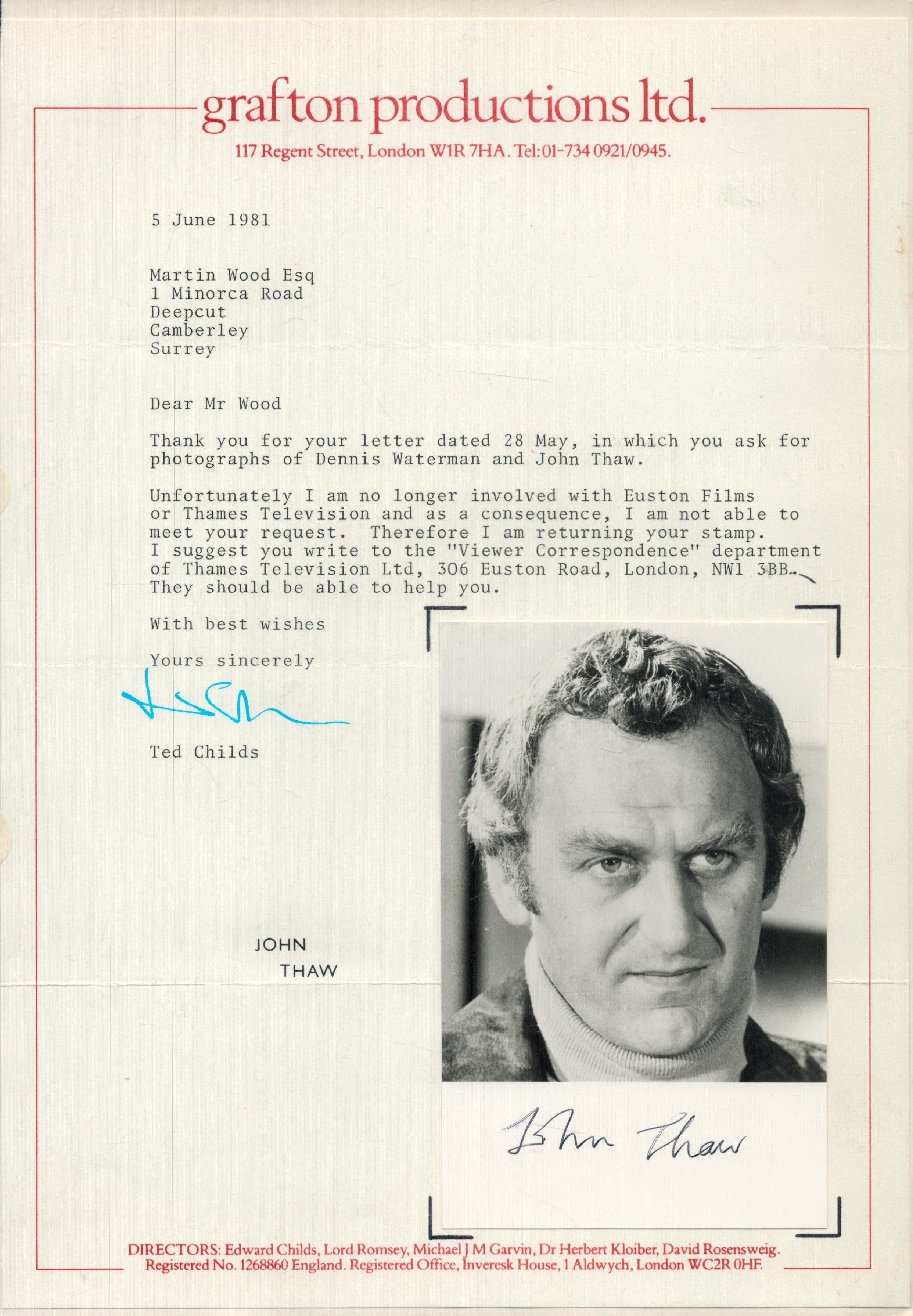 John Thaw, CBE signed Black and White Photo 5.5x3.5 Inch. Plus TLS dated 5 June 1981 signed by Ted