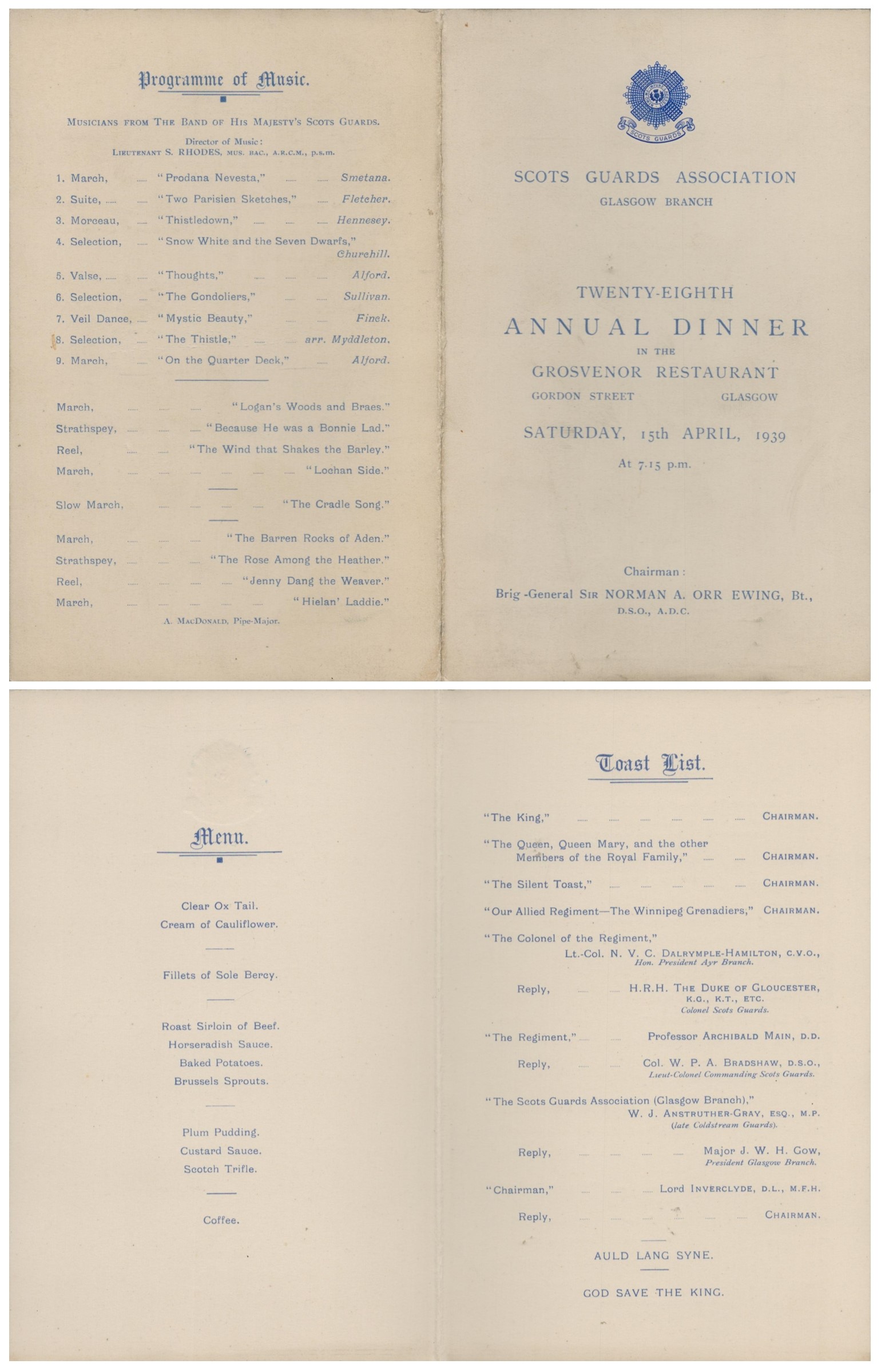 Army 1939 Scots Guards Glasgow 28th Annual Dinner Menu, 15th April 1939. Good condition. All
