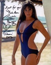 Caroline Munro James Bond actor signed super sexy 10 x 8 inch colour Blue swim suit photo. Rare,