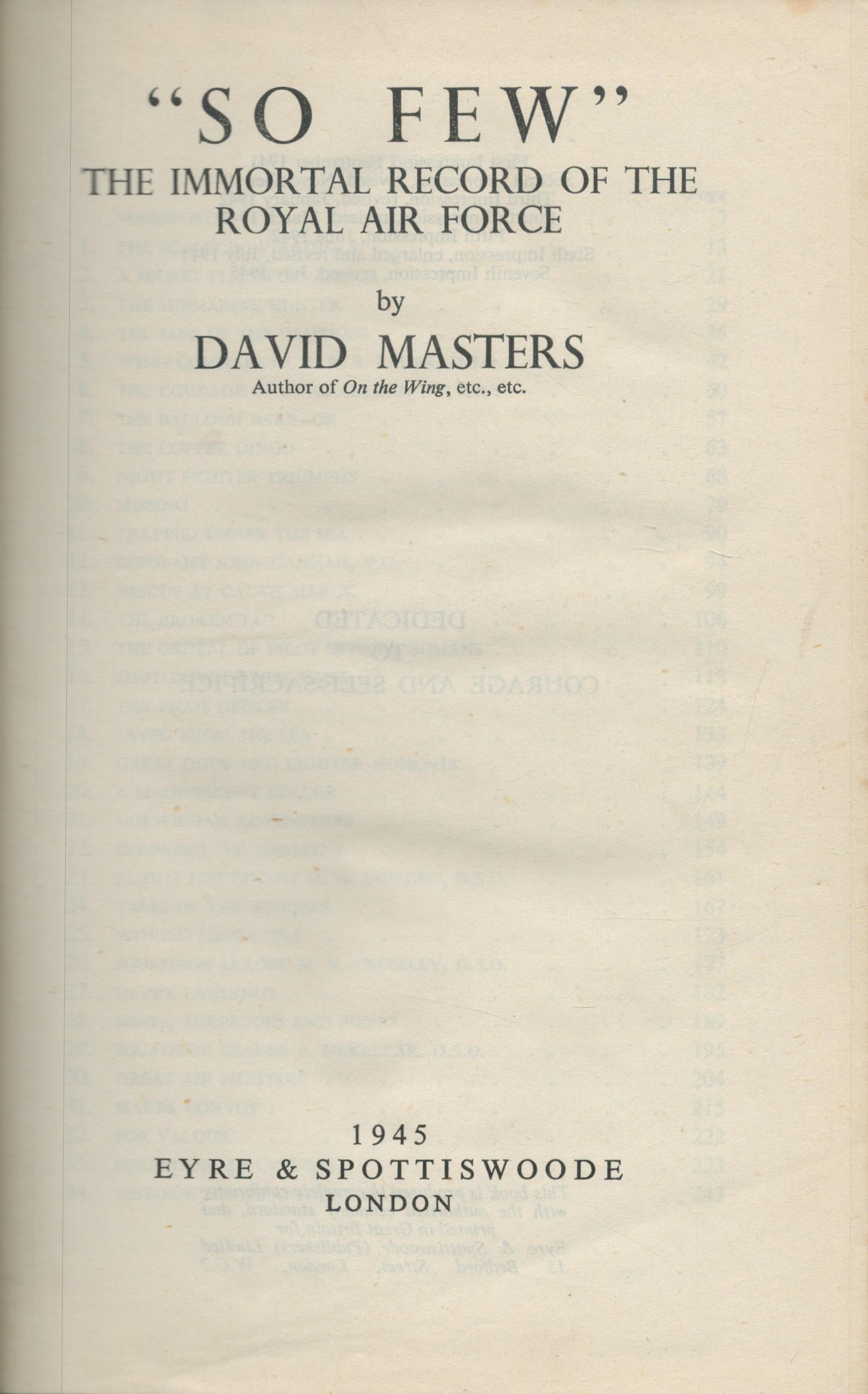 WW2 1945 So Few Immortal Record of the RAF by David Masters 7th impression Eyre and Spottiswood, - Image 2 of 3