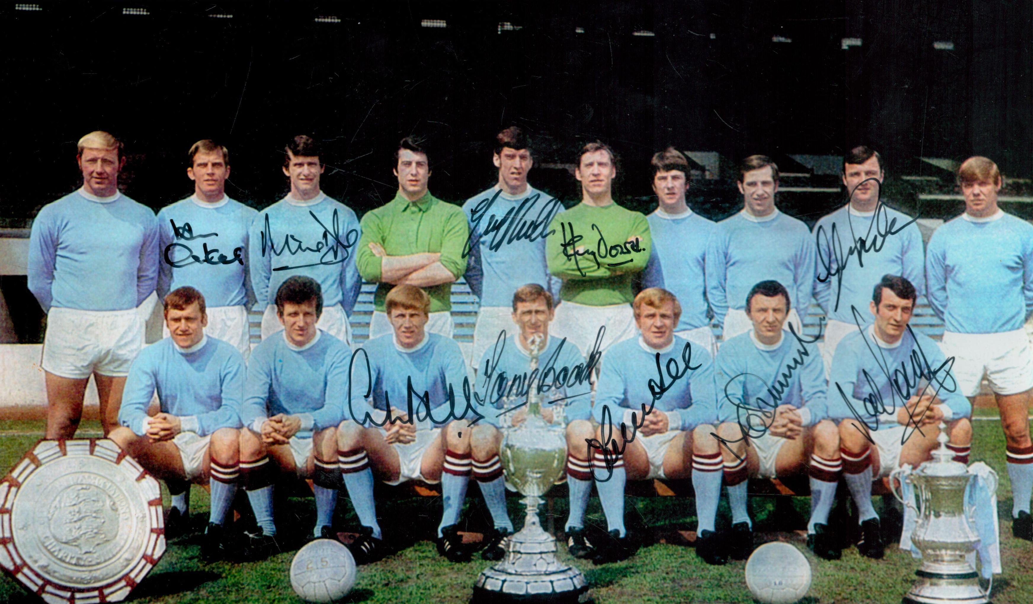 Manchester City legends multi signed Alan Oakes plus many others 16x12 Inch colour team photo 10