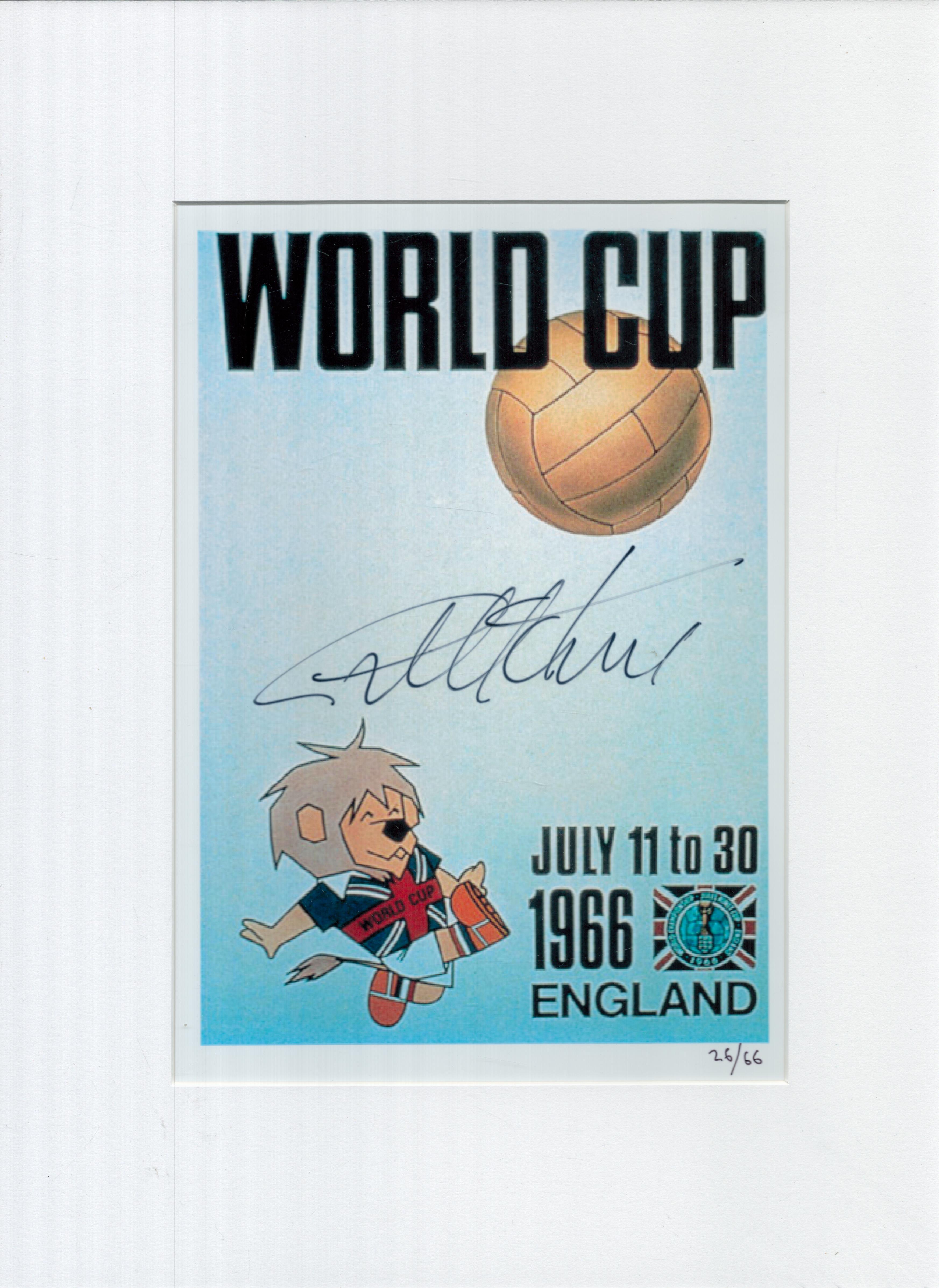 Football Legend Sir Geoff Hurst Signed World Cup Willie Colour Poster 26/66. Mounted