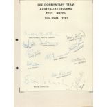 BBC Commentary Team signature sheets for the New Zealand V England test match 1983 and the Australia