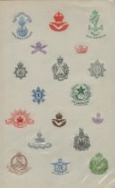 Military regiment emblems on cream page, all in colour and raised, very attractive, inc Royal