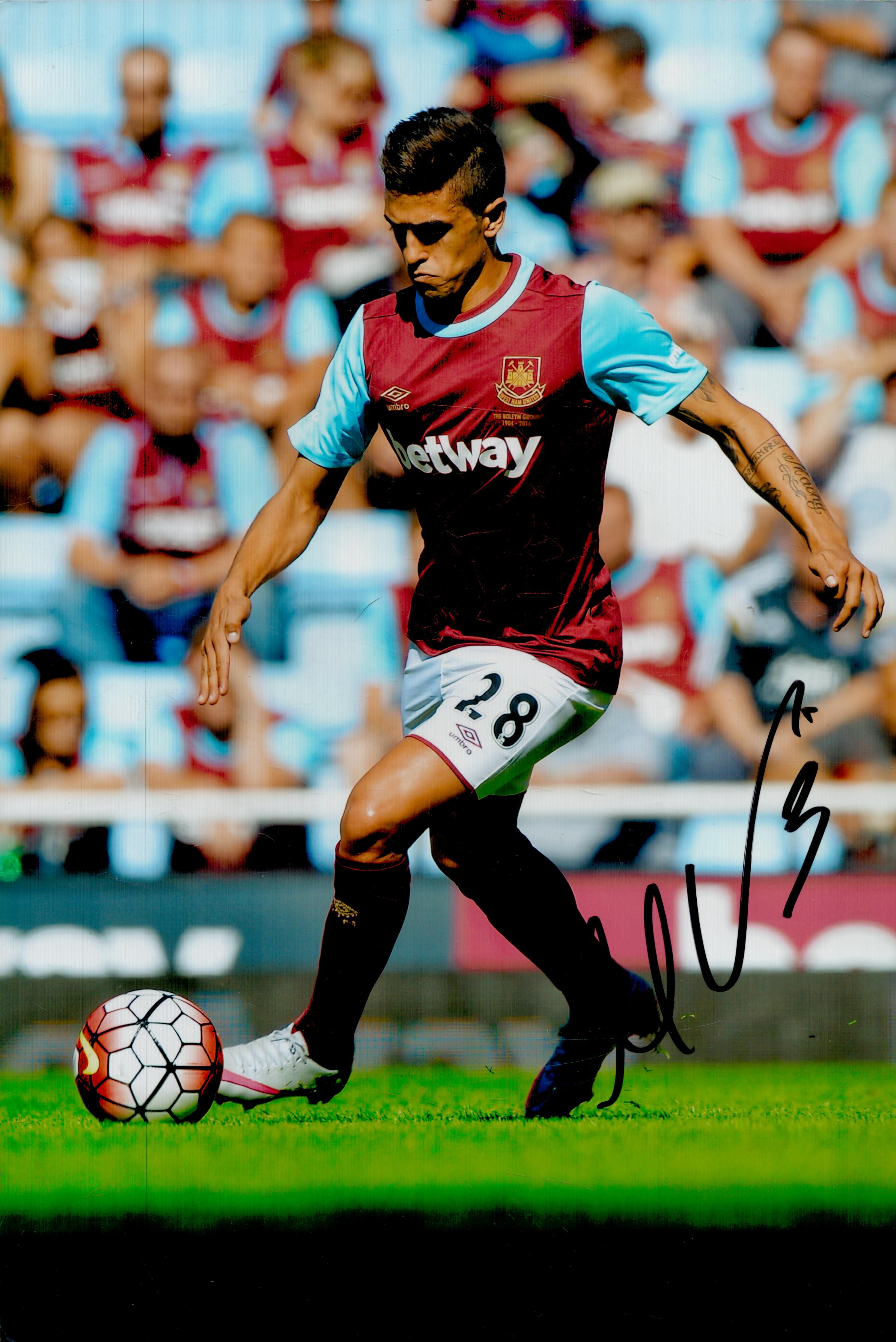 Manuel Lanzini signed 12x8inch colour West Ham photo. Good condition. All autographs are genuine