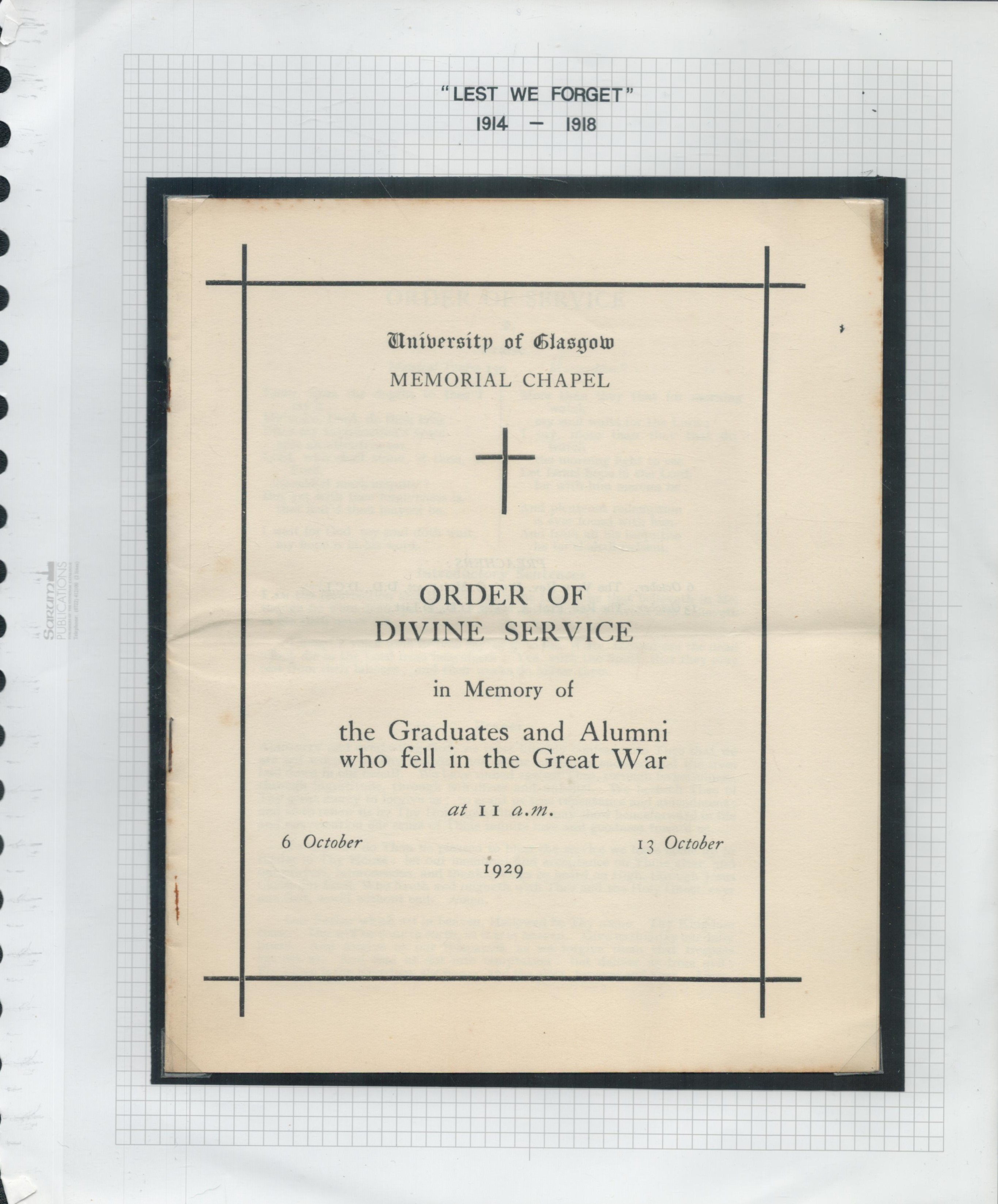 1929 Great War Order of service in Memory of the Graduates and Alumni killed in WWI held at